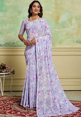 Lavender Floral Printed Georgette Saree Set