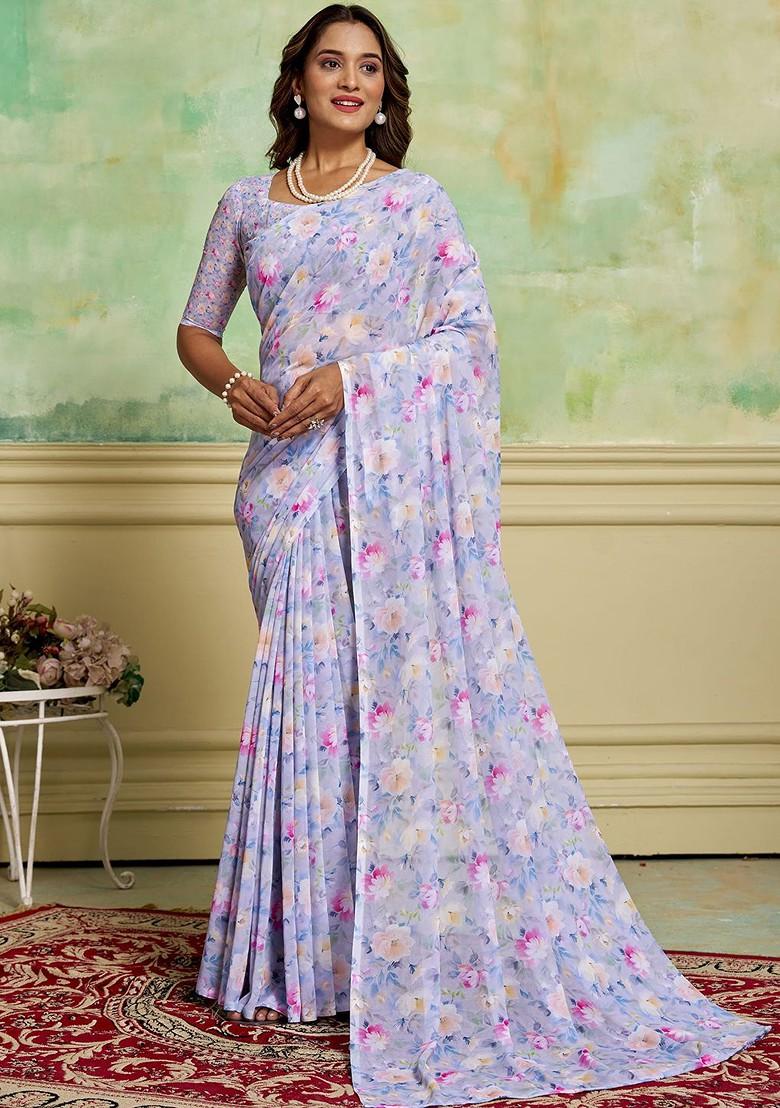 Lavender Floral Printed Georgette Saree Set