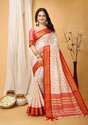 White Zari Cotton Saree Set