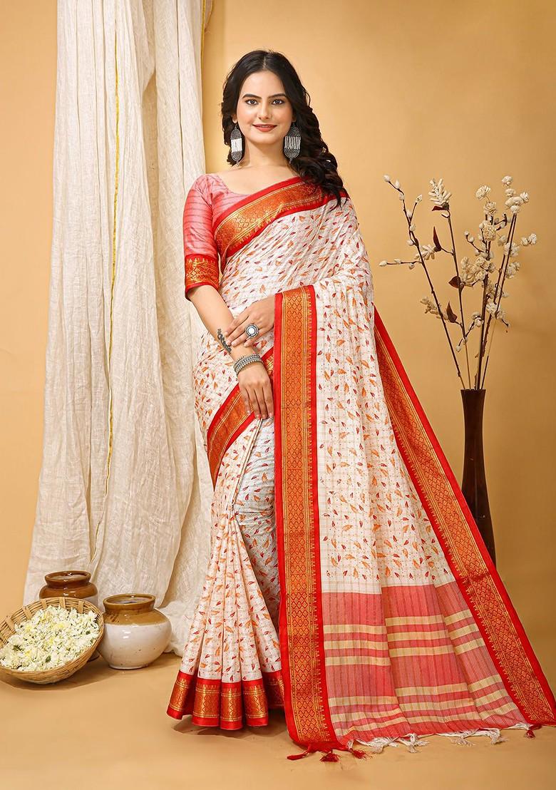 White Zari Cotton Saree Set