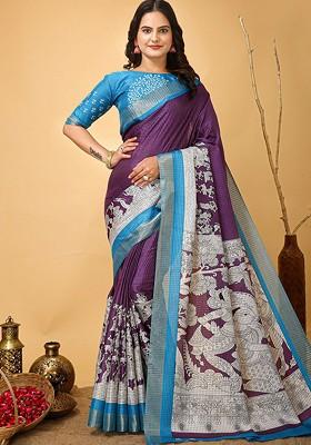 Purple Zari Cotton Saree Set