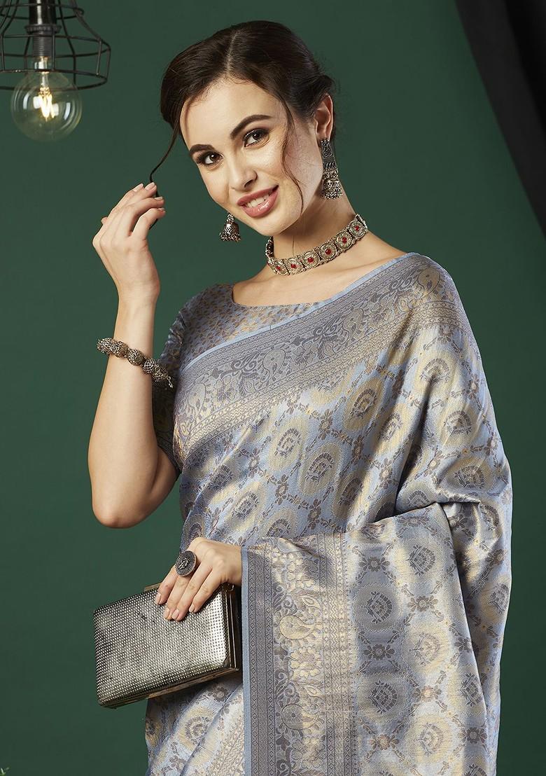 Grey Zari Kanjeevaram Silk Saree Set