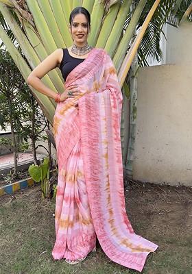 Pink Tie And Dye Chiffon Saree Set