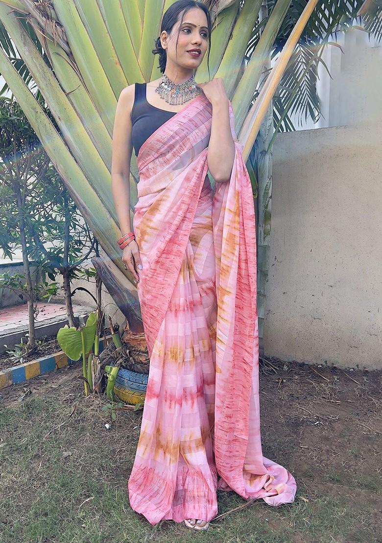 Pink Tie And Dye Chiffon Saree Set