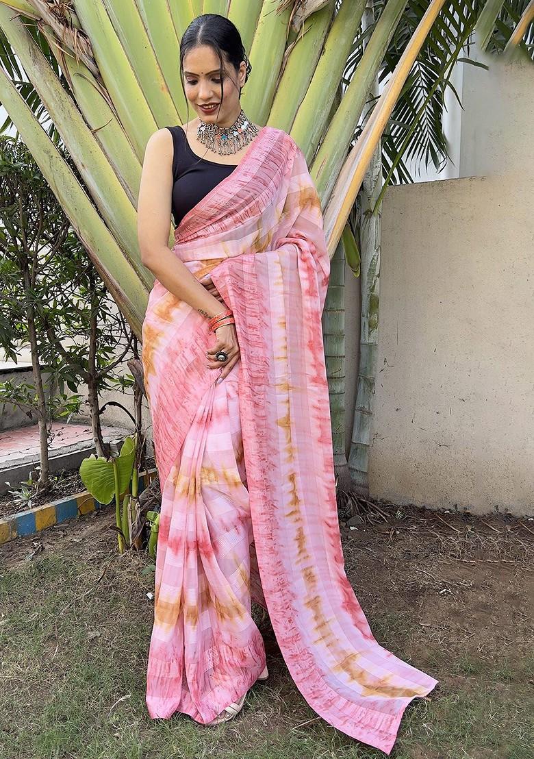 Pink Tie And Dye Chiffon Saree Set
