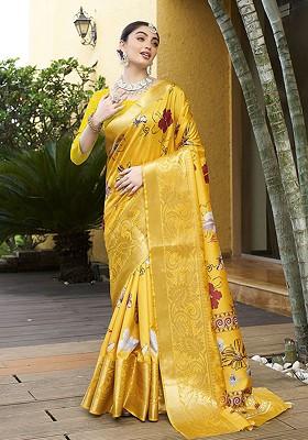 Yellow Zari Crepe Saree Set