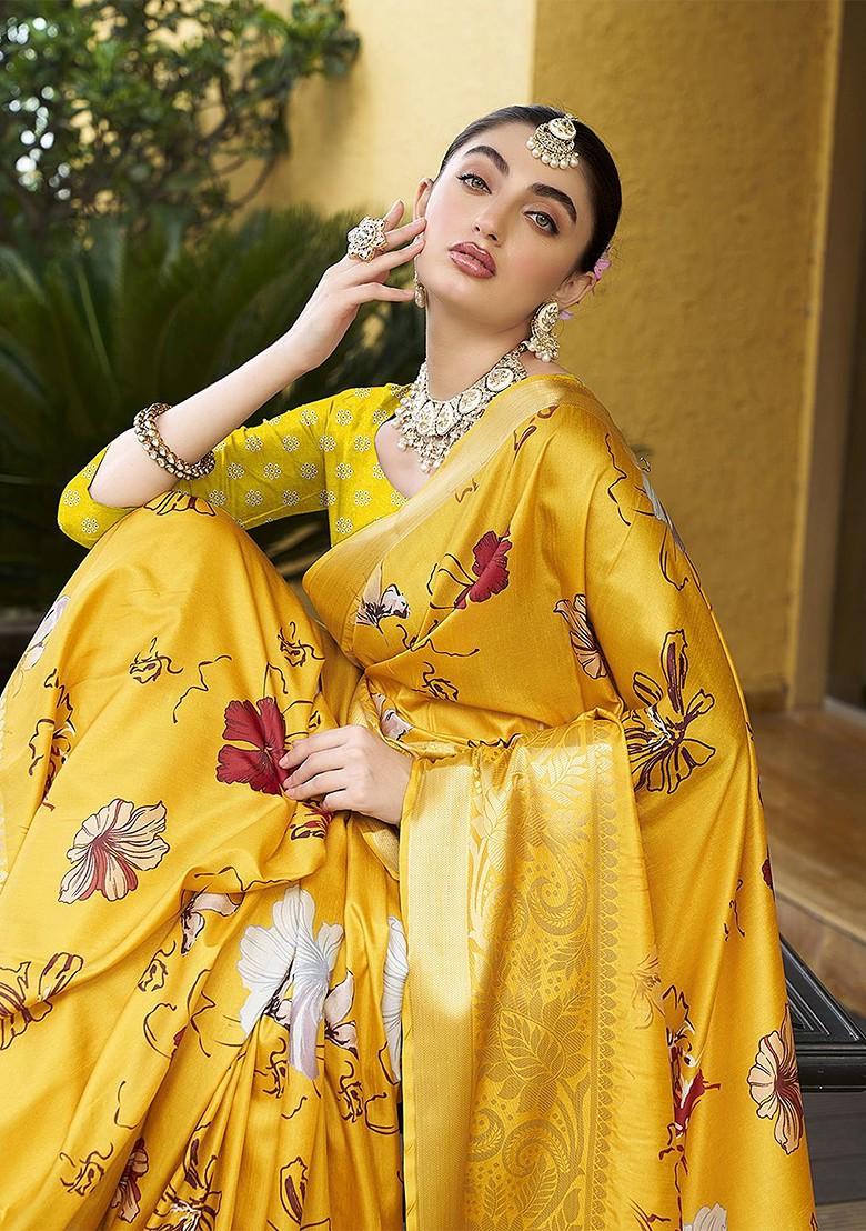 Yellow Zari Crepe Saree Set