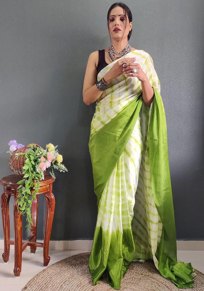 Green Tie And Dye Satin Saree Set