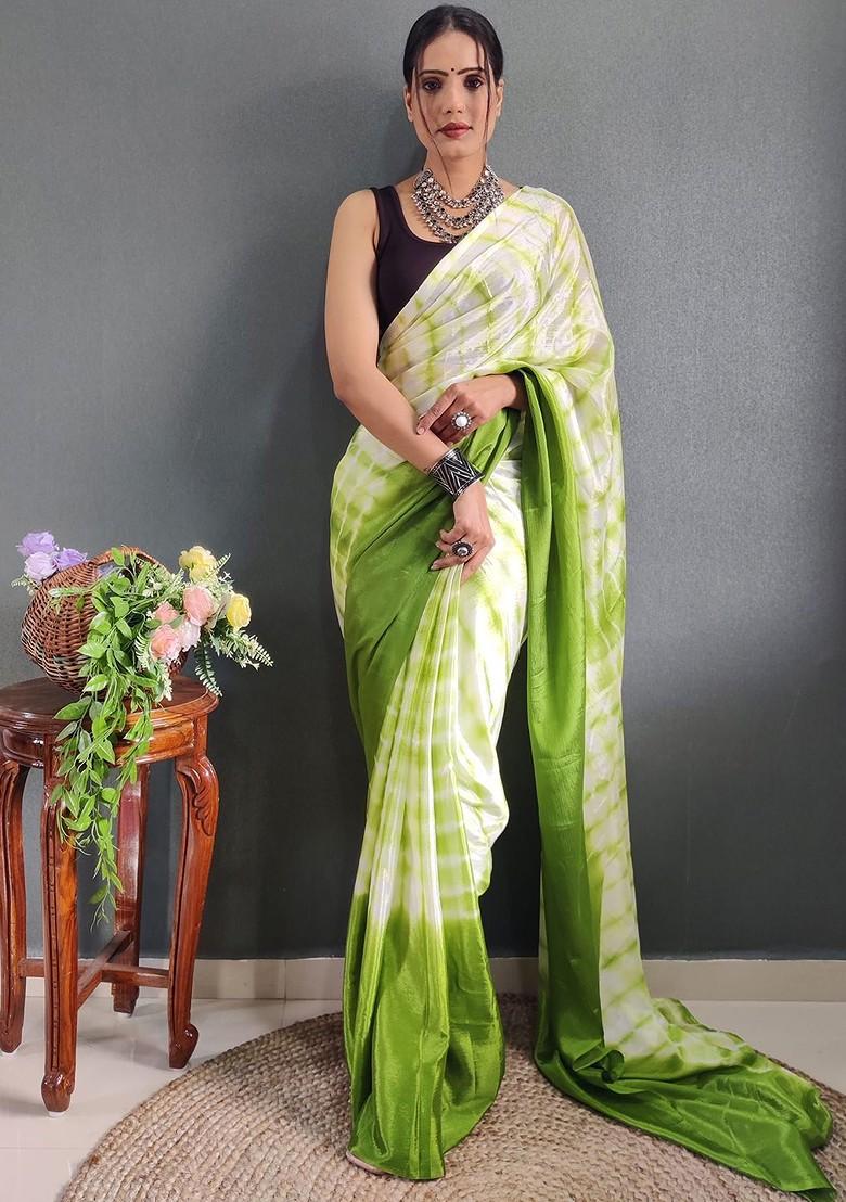 Green Tie And Dye Satin Saree Set