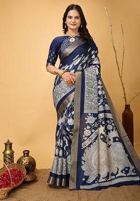 Blue Zari Cotton Saree Set