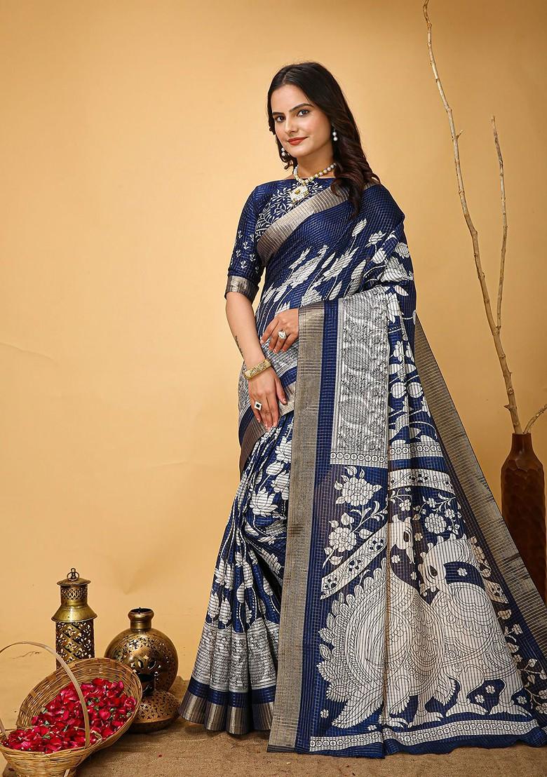 Blue Zari Cotton Saree Set