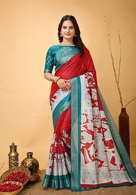 Red Zari Cotton Saree Set