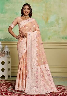 Peach Zari Cotton Saree Set