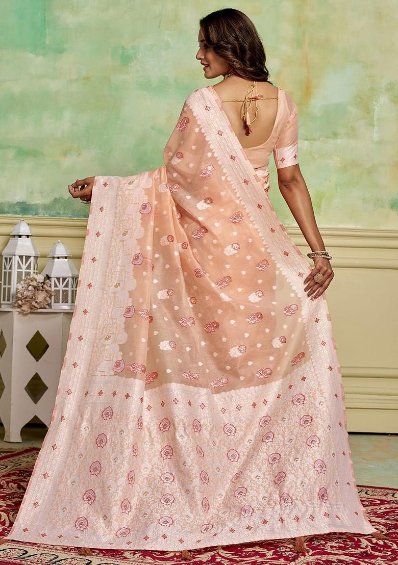 Peach Zari Cotton Saree Set