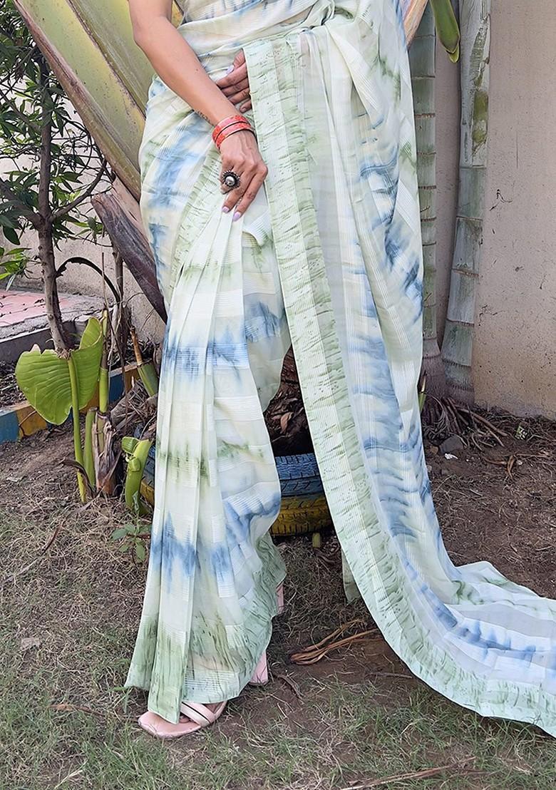 Blue Tie And Dye Chiffon Saree Set