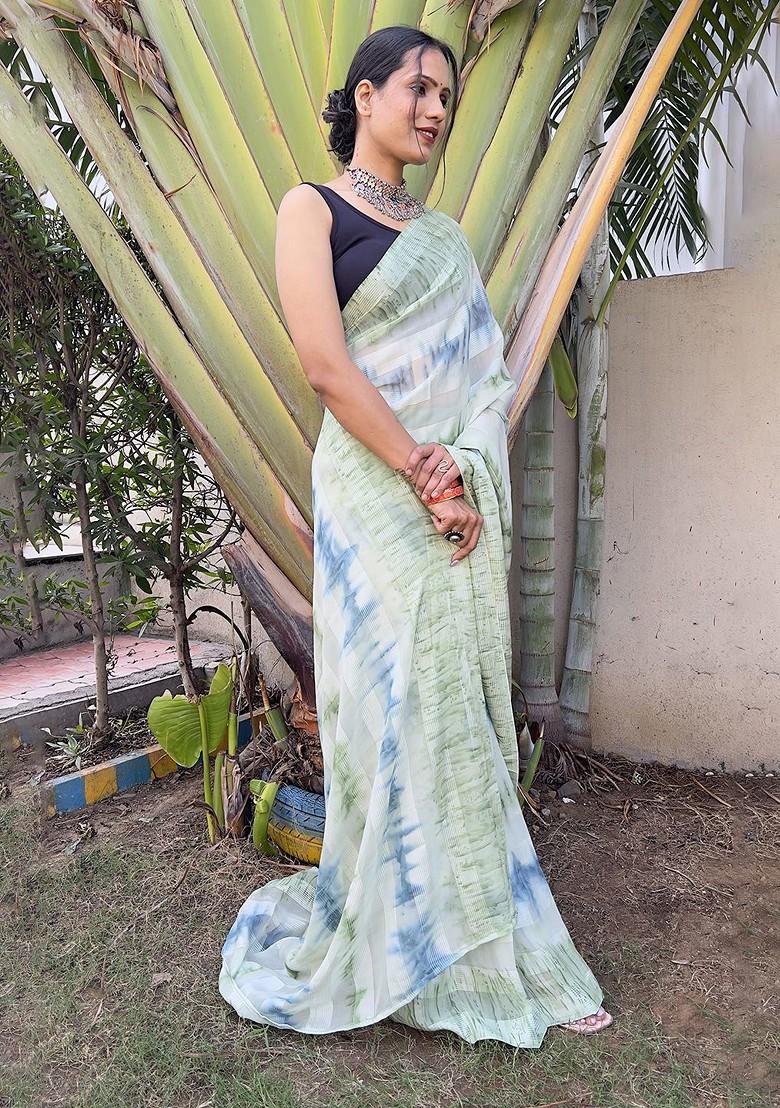 Blue Tie And Dye Chiffon Saree Set