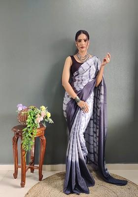 Grey Floral Printed Satin Saree Set