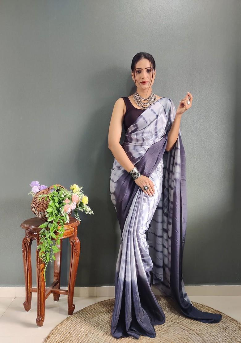 Grey Floral Printed Satin Saree Set