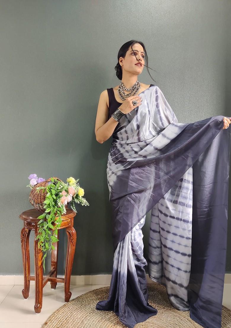 Grey Floral Printed Satin Saree Set