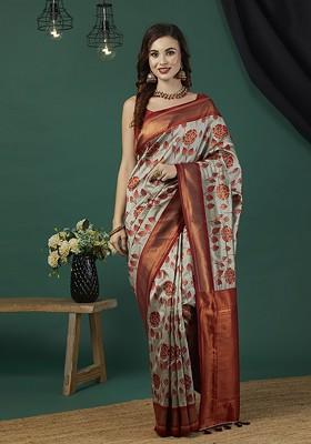 Grey Zari Silk Saree Set