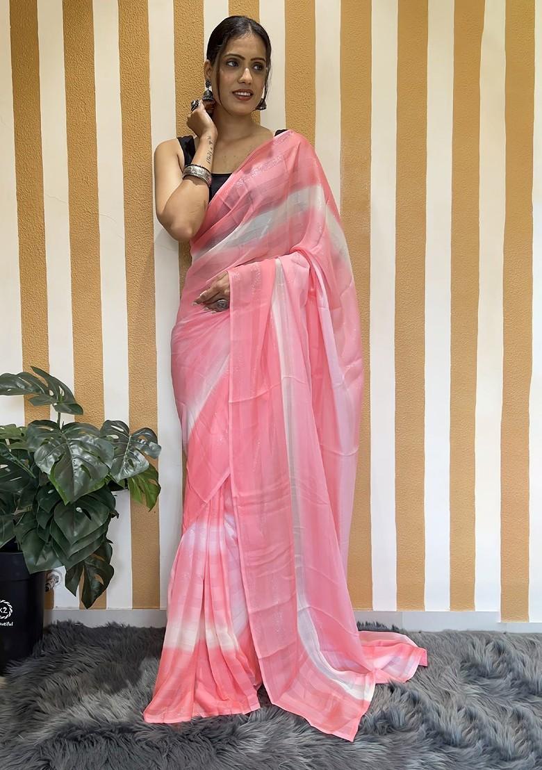 Pink Striped Chiffon Saree Set