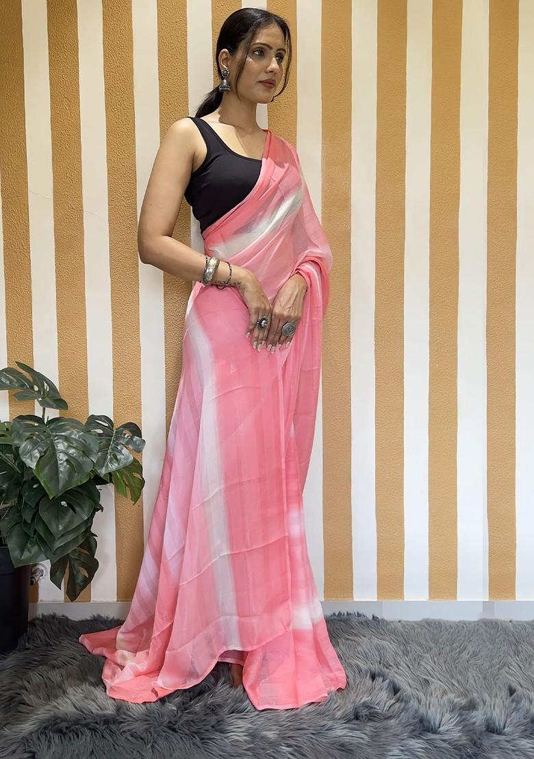 Pink Striped Chiffon Saree Set