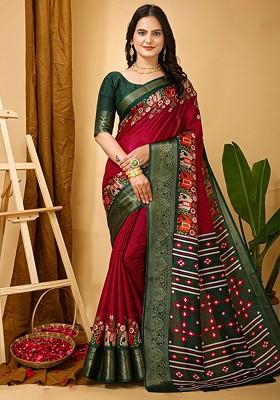 Red Kalamkari Kanjeevaram Silk Saree Set