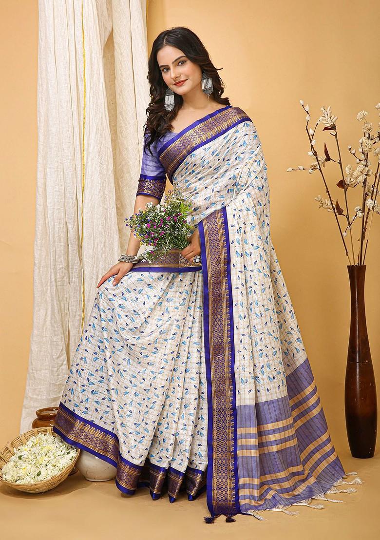 White Zari Cotton Saree Set