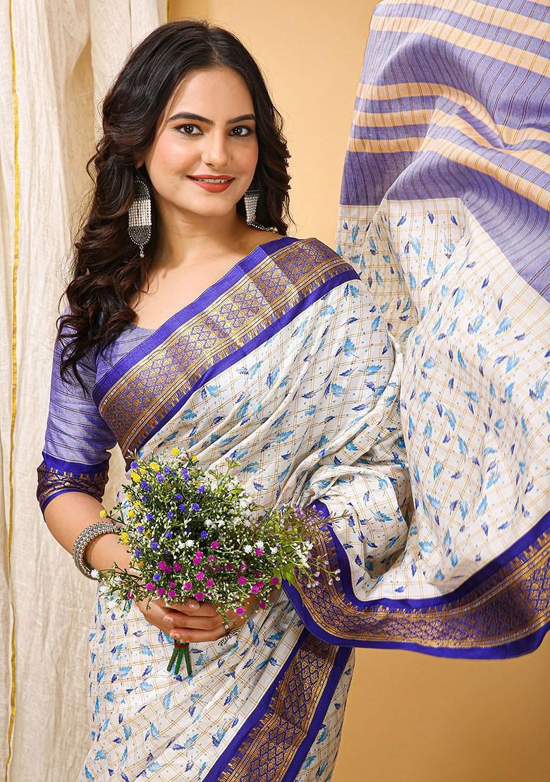 White Zari Cotton Saree Set