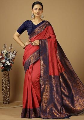Red Embroidered Kanjeevaram Silk Saree Set