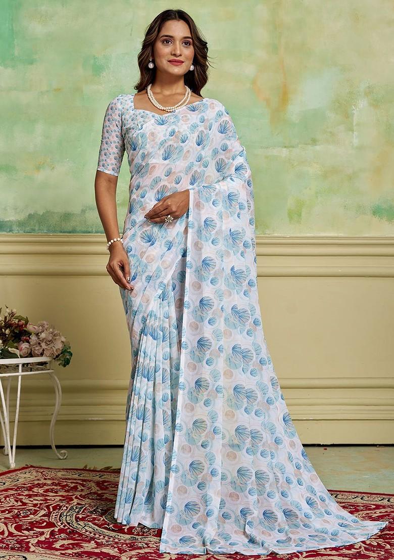 Blue Floral Printed Georgette Saree Set