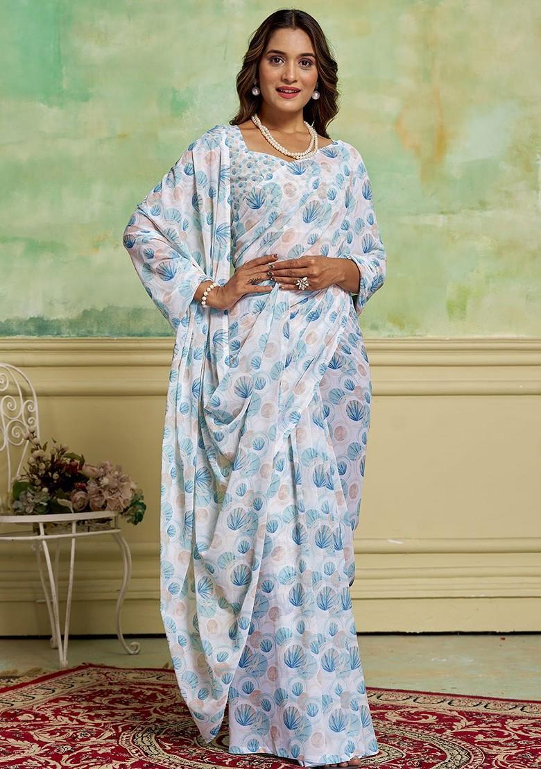 Blue Floral Printed Georgette Saree Set