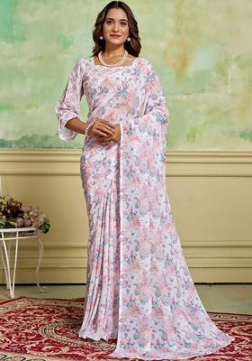 Pink Floral Printed Georgette Saree Set