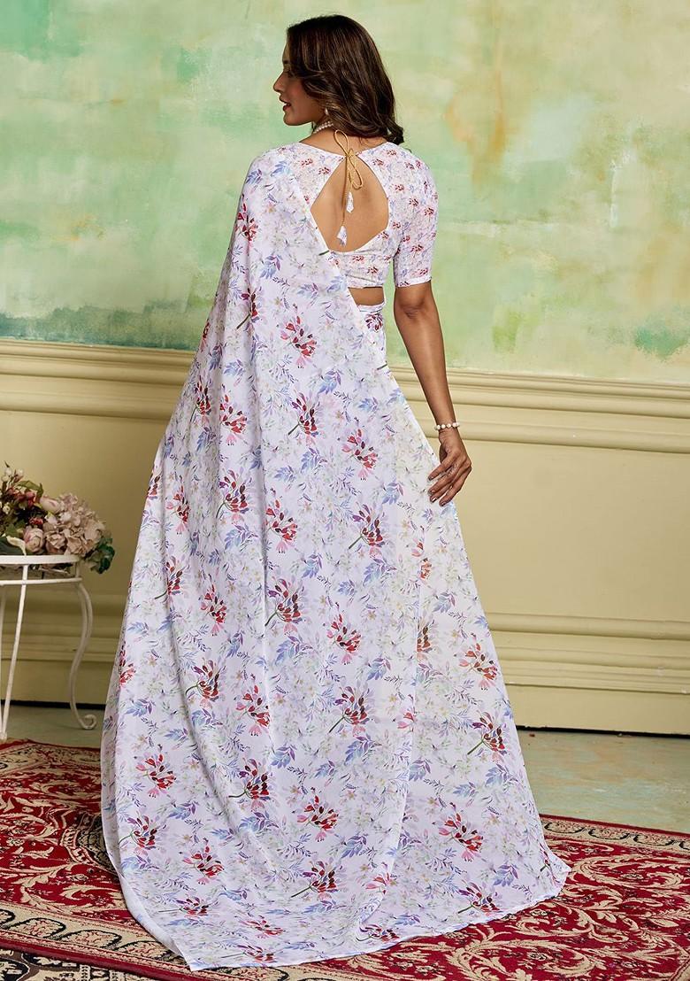 Pink Floral Printed Georgette Saree Set