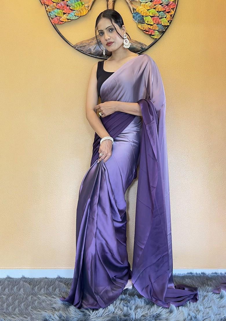 Purple Embroidered Chiffon Saree Set