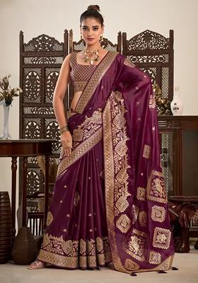 Purple Woven Satin Saree Set