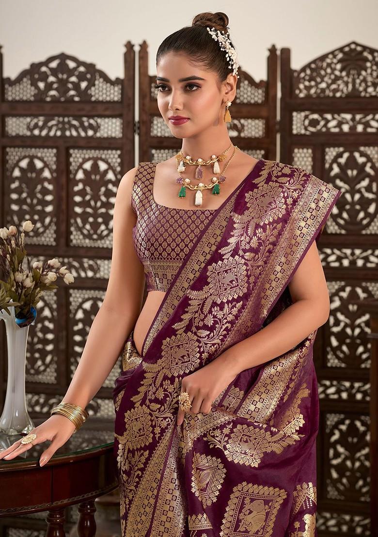 Purple Woven Satin Saree Set