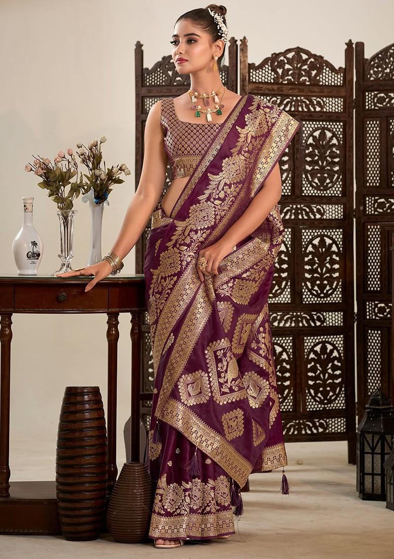 Purple Woven Satin Saree Set