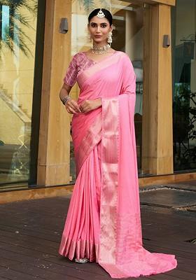 Pink Zari Crepe Saree Set