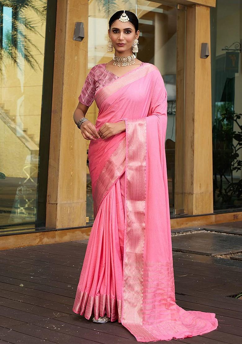 Pink Zari Crepe Saree Set