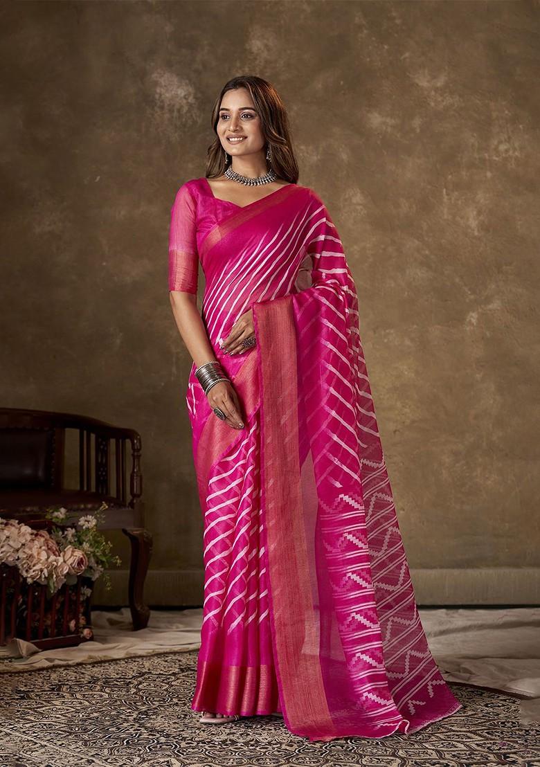 Pink Bandhani Print Cotton Saree Set