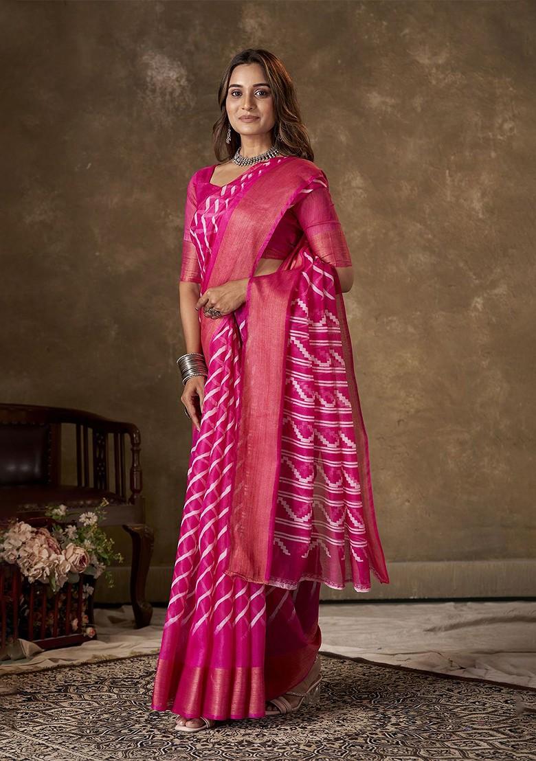 Pink Bandhani Print Cotton Saree Set