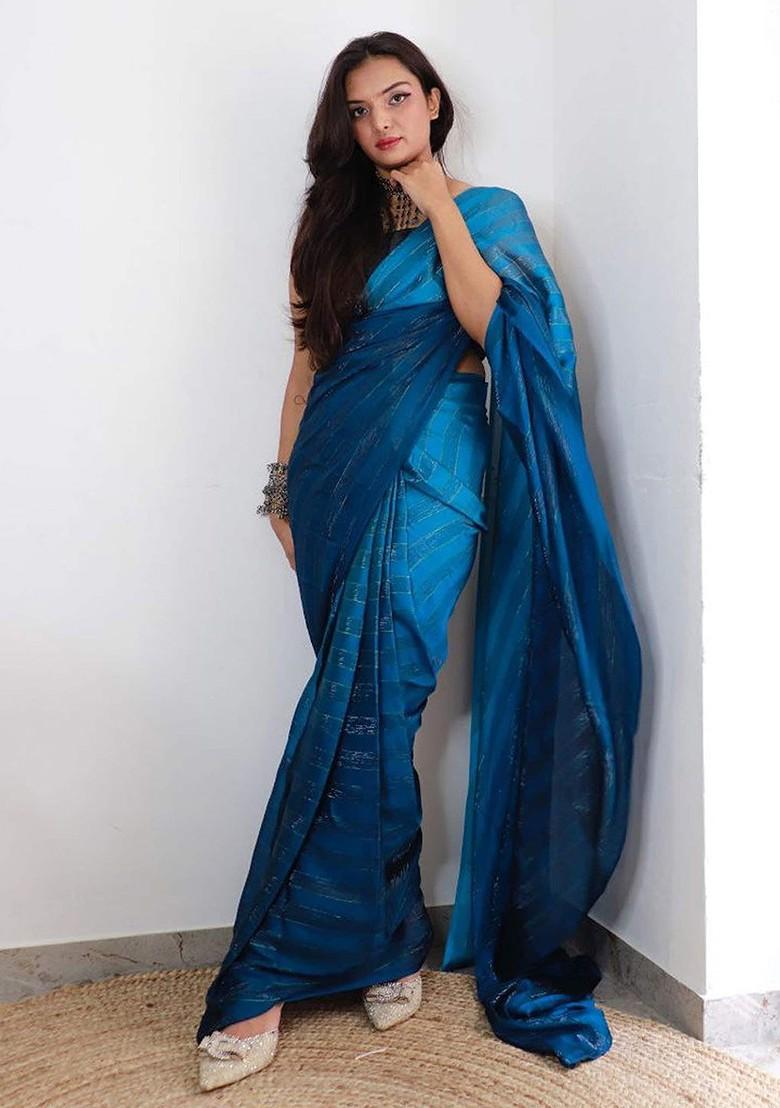 Blue Zari Chiffon Saree Set