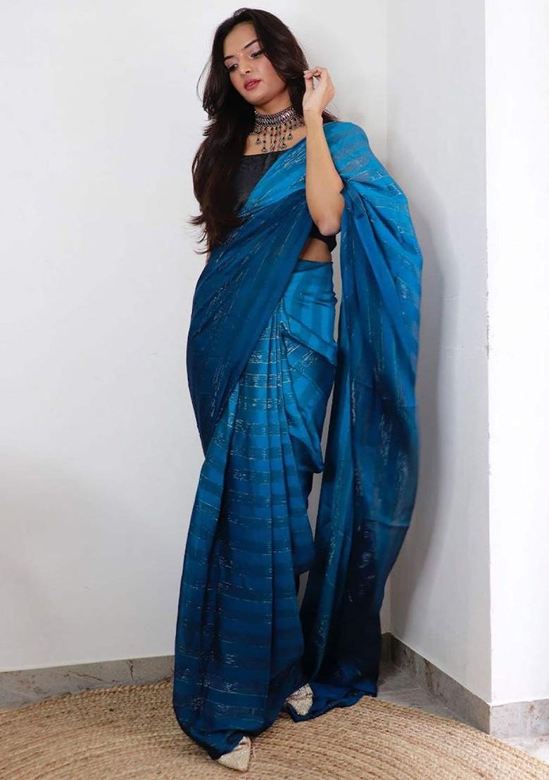 Blue Zari Chiffon Saree Set