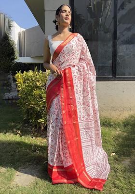 White Abstract Print Silk Saree Set