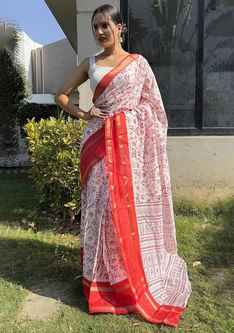 White Abstract Print Silk Saree Set