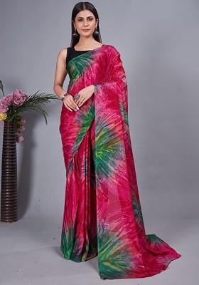 Red Tie And Dye Chiffon Saree Set