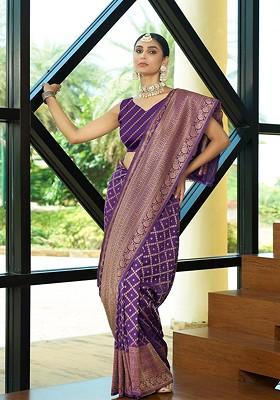 Purple Zari Crepe Saree Set