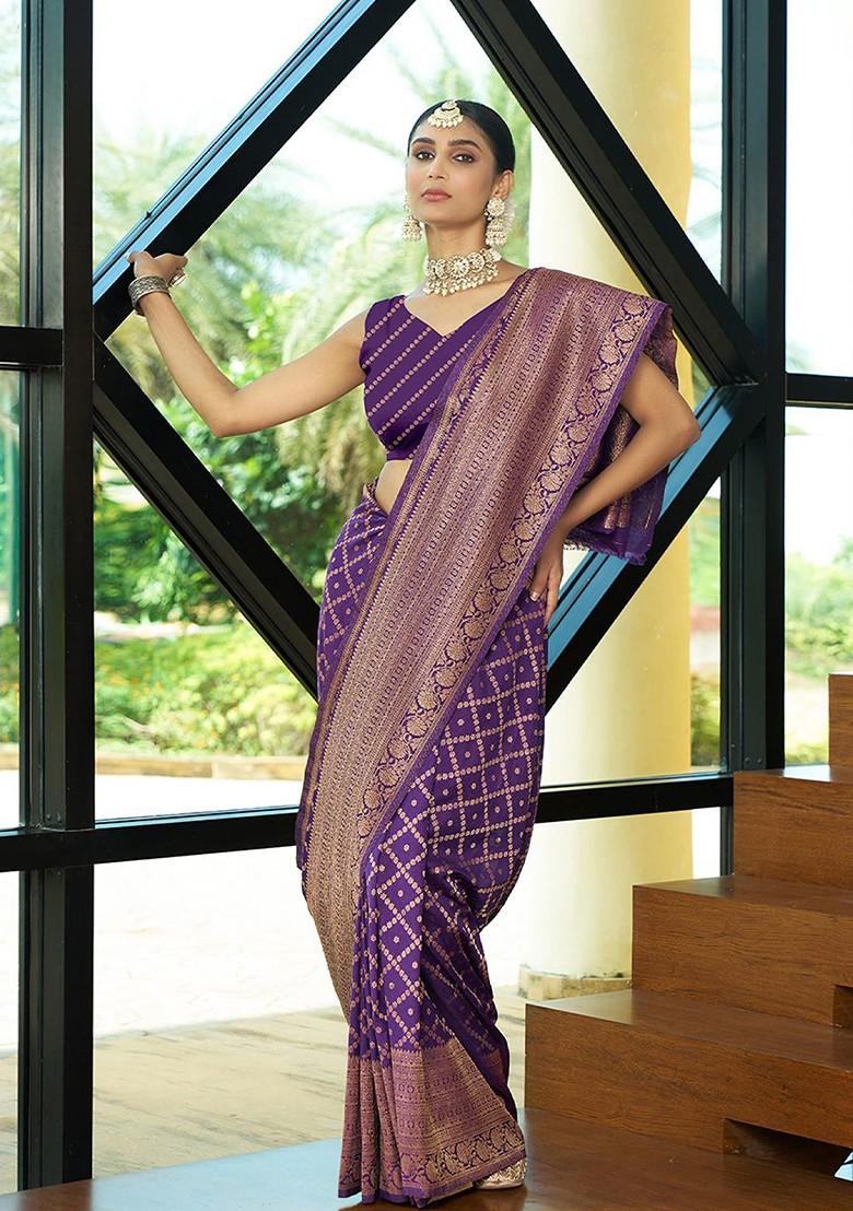 Purple Zari Crepe Saree Set