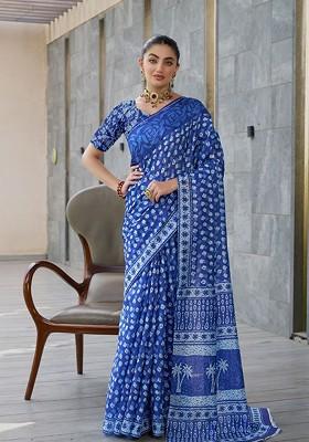 Blue Ajrak Print Silk Saree Set
